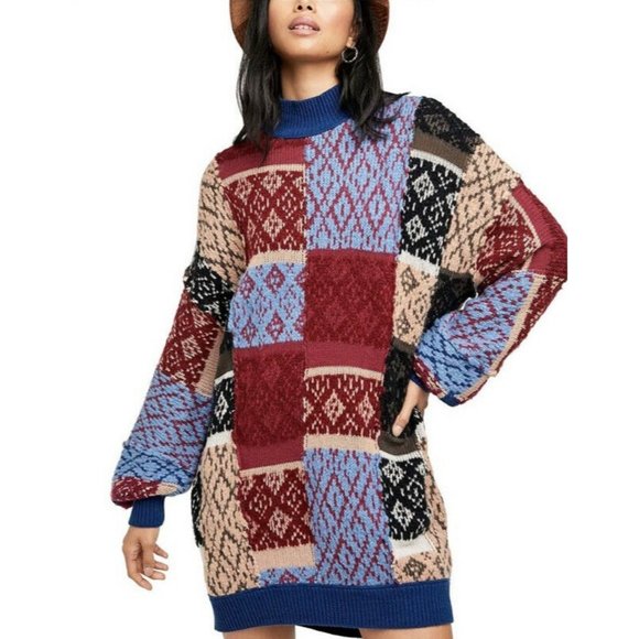 Free People New Patchwork Argyle Sweater Dress NWT - Picture 3 of 11